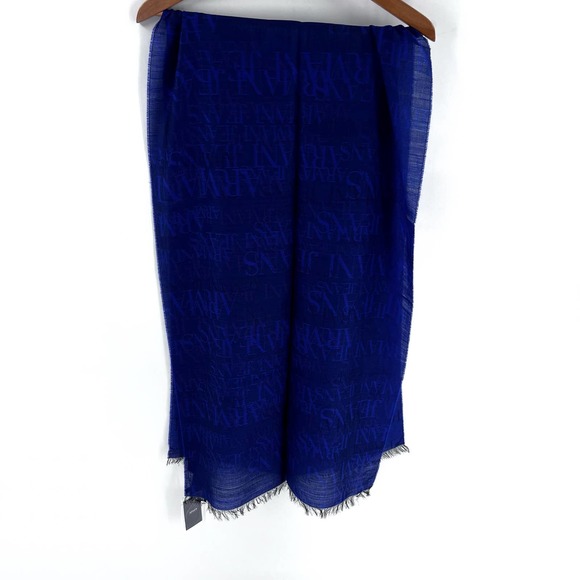 Armani Jeans Scarf Navy Blue Logo Fringe Virgin Wool Made in Italy Mens NWT - Picture 3 of 7